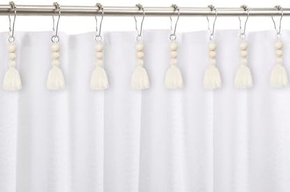 Boho Shower Curtain Hooks Rings Rustproof, CHICTIE Nautical Decorative Shower Curtain Rings with Handmade Wood Beads Tassel, Farmhouse Home Bathroom Bedroom Decor Set of 12 (Natural Cotton)