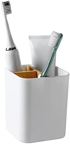 Bamboo Toothbrush Holder for Bathrooms Toothpaste Organizer - White