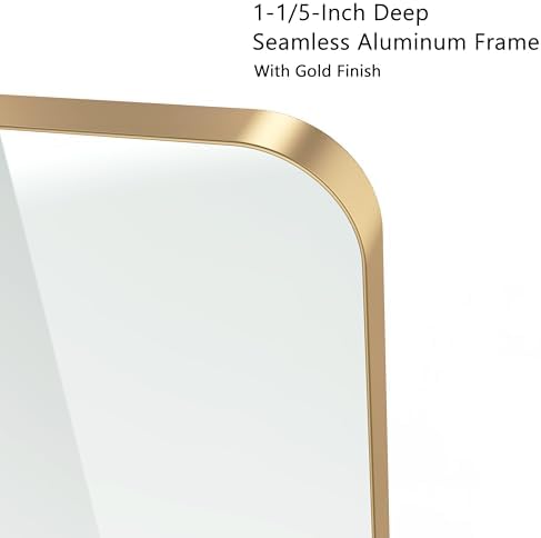 VocalStar 18 x 26 Inch Gold Bathroom Mirror for Wall, Metal Framed Rounded Rectangle Vanity Mirror, 1/4-inch Shatterproof Glass | Ultra-Flush Hanging