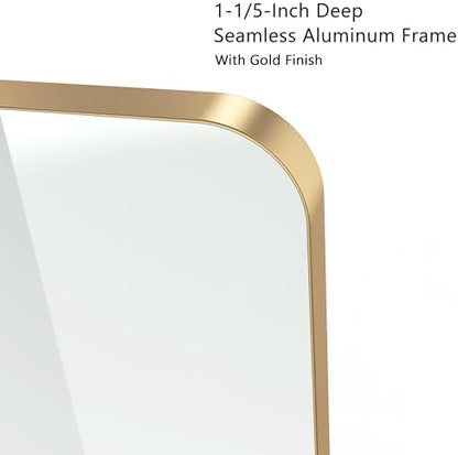 VocalStar 18 x 26 Inch Gold Bathroom Mirror for Wall, Metal Framed Rounded Rectangle Vanity Mirror, 1/4-inch Shatterproof Glass | Ultra-Flush Hanging
