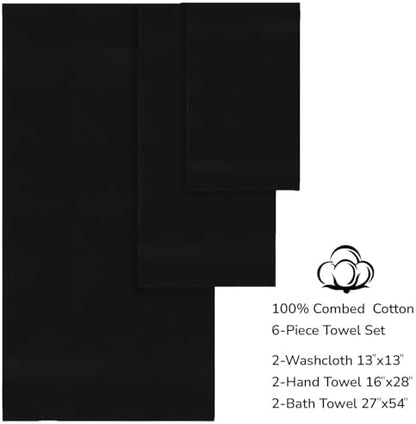 Feather & Stitch 100% Cotton 625 GSM Bath Towel Set of 6, Ultra Soft Highly Absorbent 2 Bath Towels, 2 Hand Towels & 2 Washcloth - Luxury Quick Dry Shower Towels (Black)