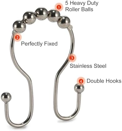 Goowin Shower Curtain Hooks, 12 Pcs Shower Curtain Rings, Stainless Steel Shower Curtain Hangers, Double Hook Shower Curtain Hooks, Smooth Sliding Anti-Drop Shower Rings for Curtain (Nickel)