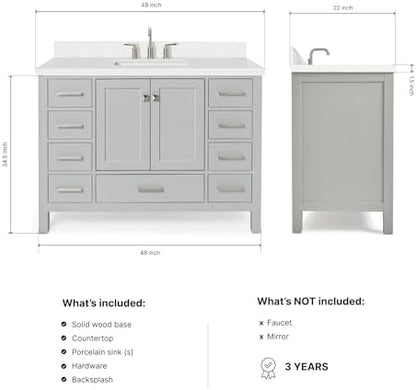 ARIEL Cambridge 48-inch Bathroom Vanity with Sink,Solid Wood, 1.5-inch Pure White Quartz Countertop & Backsplash, Single Rectangular Porcelain Sink, 2 Soft Closing Doors, 9 Dovetail Drawers, Grey