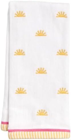 Ritz 2-Piece Cotton Velour Bathroom Hand Towel Set, Embroidered Sun Allover Pattern, Soft White Decorative Towels with Yellow & Pink Striped Border, Bath Decor, 16” x 26”