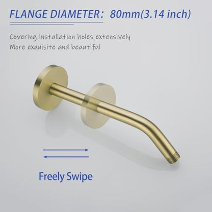 10 in Brushed Gold Shower Arm with Flange,Wall Mount Replacement Angle Shower Head Arm Wall-Mounted For Fixed Shower Head & Handheld Showerhead,SW-RD91018-10BG.