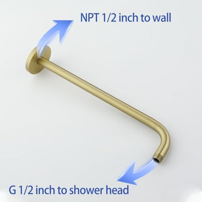 Stainless Steel Shower Head Extension Arm Wall Mounted Rainfall Shower Tube Bathroom Hardwares Accessories 16 Inch Brushed Gold,SW-RD91018-16BG.