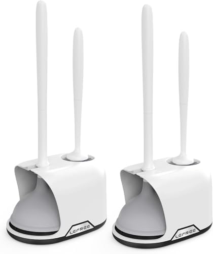 Lefree, 2 in 1 Toilet Brush and Plunger Set with Silicone Bristles, Plastic Material, Includes Holder, White/Black, for Deep Cleaning