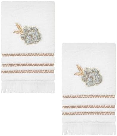Nicole Miller – Fingertip Towels, Ringspun Cotton Terry with Embroidered Floral Detail, Striped Trim with Brush Fringe, Set of 2 (Camille)