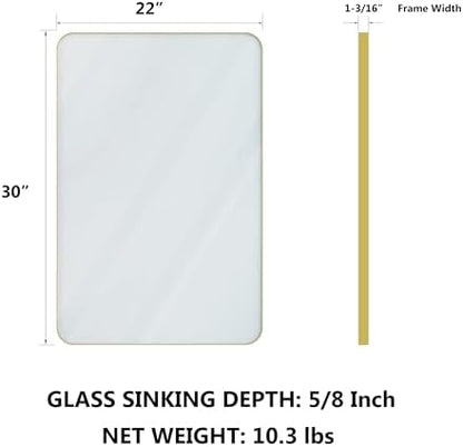 VocalStar Gold Bathroom Mirror for Wall, 22 x 30 Inch Metal Framed Rounded Rectangle Vanity Mirror Modern Farmhouse, 1/4-inch Shatterproof Glass | Ultra-Flush Hanging