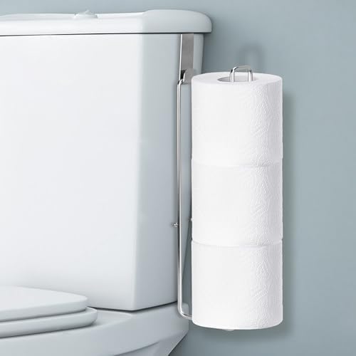 Bathroom Toilet Paper Holder with Storage Extra 3 Rolls, Over The Tank Toilet Paper Holder Wall Mount, Small Restroom Organizer, Adhesive RV Tissue Storage, Stainless Steel, Silver, 1PC