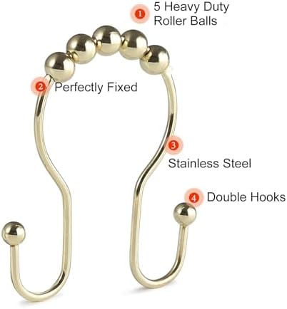 Goowin Shower Curtain Hooks, 12 Pcs Shower Curtain Rings, Stainless Steel Gold Shower Curtain Hooks, Rust Proof Shower Curtain Hangers, Smooth Sliding Anti-Drop Shower Rings for Curtain (Gold)