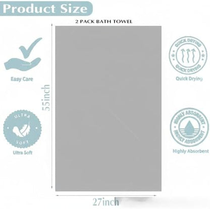 2-Pack Microfiber Towels 27x54(Inches), Ultra Soft Quick Dry Bath Towels, Highly Absorbent & Lightweight for Gym, Yoga, Travel, Spa, Home & Post-Workout, Large Bath Sheet Set