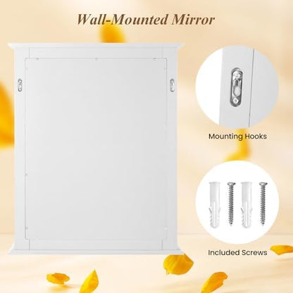 CHARMAID Bathroom Mirror with Shelf - 27" x 22.5" Wall Mirror Over Bathroom Sink, Wooden Frame Modern Rectangular Hanging Vanity Makeup Mirrors for Washroom, Entryway (White,27" L x 22.5" W)