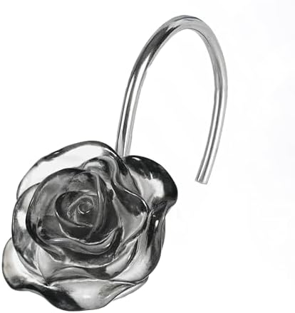 Grey Rose Shower Curtain Hooks: Cute Flower Bathroom Curtain Rings, 12Pcs