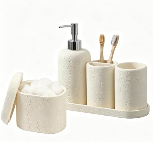 Bathroom Accessories Set, 5PCS, Travertine Stone Look, Off White