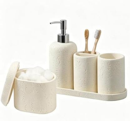 Bathroom Accessories Set, 5PCS, Travertine Stone Look, Off White