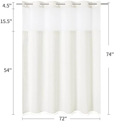 MitoVilla No Hooks Required Farmhouse Shower Curtain with Snap-in Liner - with Window & Magnets, Boho Cotton Linen Fabric Shower Curtains with Tassels for Rustic Bathroom Decor, Ivory, 72 x 74