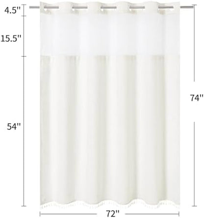 MitoVilla No Hooks Required Farmhouse Shower Curtain with Snap-in Liner - with Window & Magnets, Boho Cotton Linen Fabric Shower Curtains with Tassels for Rustic Bathroom Decor, Ivory, 72 x 74