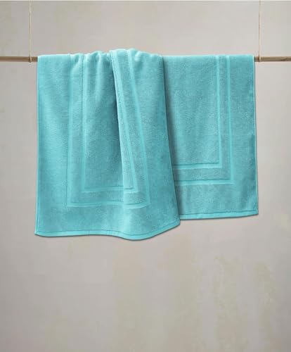 Feather & Stitch 2 Piece Towel Like Bath Mats (30x21 Inch) 100% Cotton Terry Bath Mats, Bathroom Shower Floor Mats [NOT A Bathroom Rug], Soft Absorbent Washable Mats - Aqua