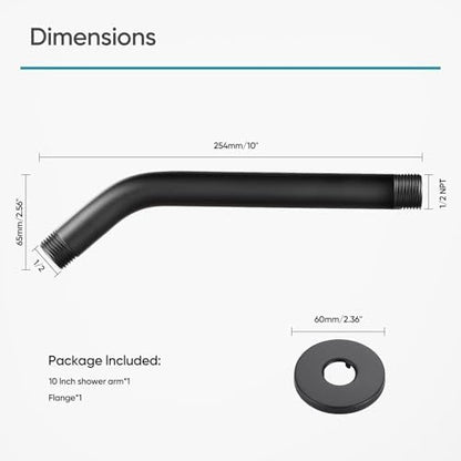 Cobbe Shower Arm with Flange and Teflon Tape, 10-Inches Wall Mounted Shower Pipe Arm Extension for Fixed Shower Head, Matte Black