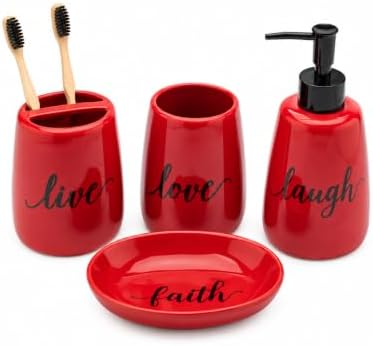 Red Ceramic Bathroom Accessories Set, 4 Piece Farmhouse Bathroom Decor, Soap Dispenser, Toothbrush Holder, Tumbler & Soap Dish, Live Love Laugh Faith Bathroom Countertop Set