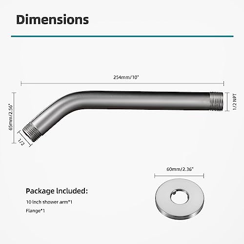 Cobbe Shower Arm with Flange and Teflon Tape, 10-Inches Wall Mounted Shower Pipe Arm 304 Stainless Steel Extension for Fixed Shower Head, Brushed Nickel