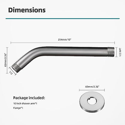 Cobbe Shower Arm with Flange and Teflon Tape, 10-Inches Wall Mounted Shower Pipe Arm 304 Stainless Steel Extension for Fixed Shower Head, Brushed Nickel