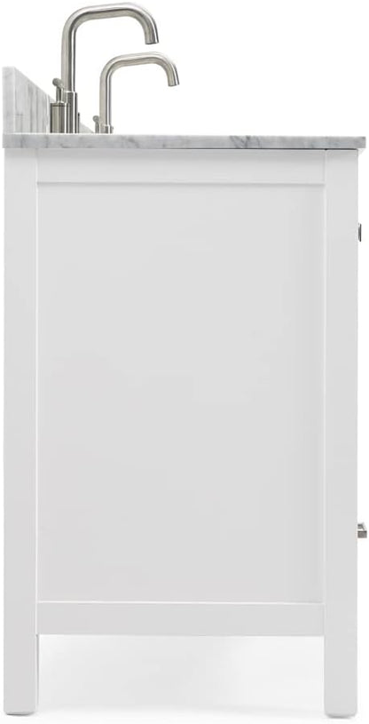 ARIEL Cambridge 60-inch Bathroom Vanity with Sink,Solid Wood, 0.75-inch Italian Carrara Marble Countertop, Double Rectangular Porcelain Sink, 4 Soft Closing Doors, 6 Dovetail Drawers, White