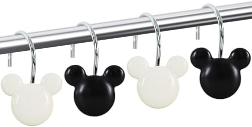 12-Piece Black White Mouse Shower Curtain Hooks for Bathroom