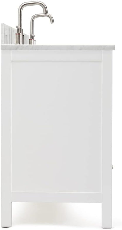 ARIEL Cambridge 72-inch Bathroom Vanity with Sink,Solid Wood, 0.75-inch Italian Carrara Marble Countertop & Backsplash, Double Oval Porcelain Sink, 4 Soft Closing Doors, 6 Dovetail Drawers, White