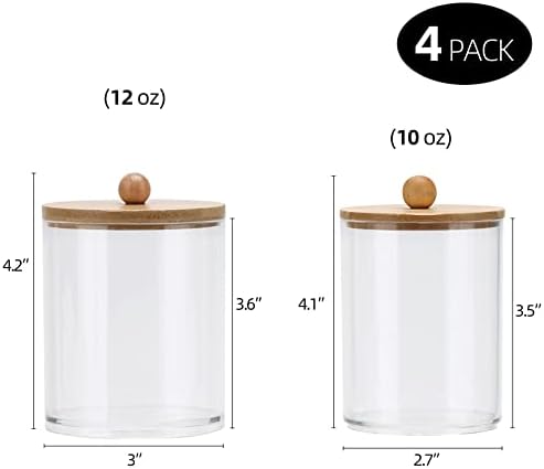 Tbestmax 4 Pack Qtip Holder Dispenser Cotton Ball, Cotton Swab, Floss - 12oz, 10 oz Clear Plastic Apothecary Jars for Bathroom Organizer and Storage Containers (Bamboo Lids)