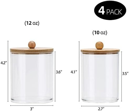 Tbestmax 4 Pack Qtip Holder Dispenser Cotton Ball, Cotton Swab, Floss - 12oz, 10 oz Clear Plastic Apothecary Jars for Bathroom Organizer and Storage Containers (Bamboo Lids)