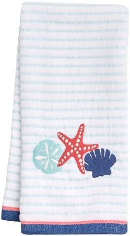Ritz 2-Piece Cotton Velour Bathroom Hand Towel Set, Embroidered Seashell Trio Design, Light Blue Pinstripe Towels for Beach House, Lake Home, or Spa Decor, 16” x 26”