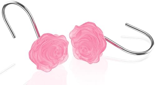 Rose Shower Curtain Hooks, Glow in The Dark, Pretty Floral Themed Elegant Bathroom Decor, Pink