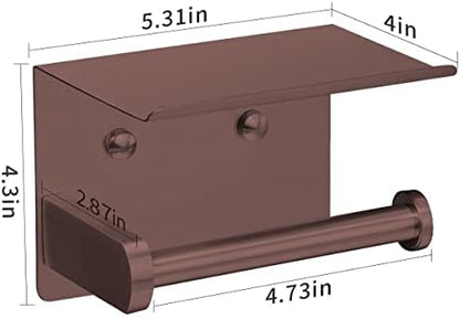 VAEHOLD Self Adhesive Toilet Paper Holder with Phone Shelf Stainless Steel Wall Mounted Toilet Paper Roll Holder - Rustproof and Bathroom Washroom Tissue Roll Holder with Shelf - Red Copper
