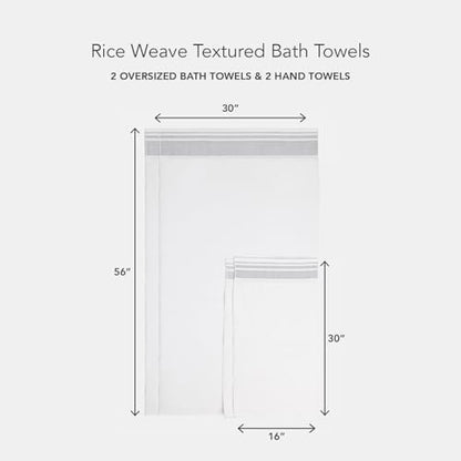 Texere 100% Organic Cotton Rice Weave Jacquard 700 GSM Luxury Bath Towel Sets - 2 Large Bath Towels, 2 Hand Towels (Rice Weave, BRT Wht w/Blk, 2 Bath & 2 Hand Towels)