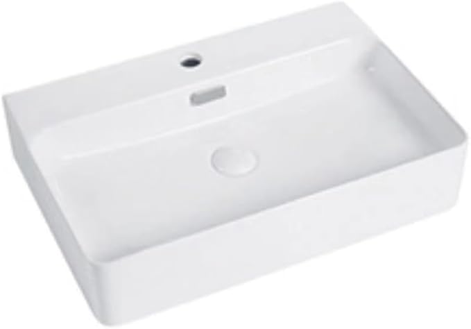 24" White Rectangular Ceramic Vessel Sink Bath Wall Mount/Above Counter | KINGWONG High-temp porcelain resists stains & thermal shock. Overflow hole. Easy Clean Glossy Finish for Master Bathroom