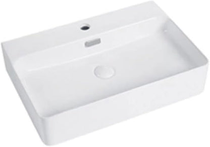 24" White Rectangular Ceramic Vessel Sink Bath Wall Mount/Above Counter | KINGWONG High-temp porcelain resists stains & thermal shock. Overflow hole. Easy Clean Glossy Finish for Master Bathroom