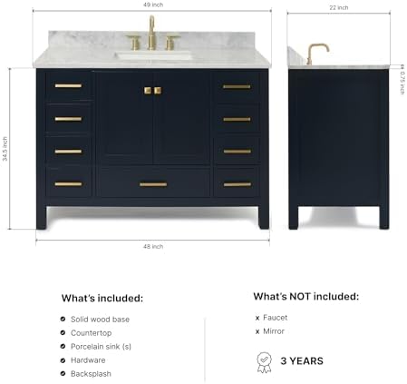 ARIEL Cambridge 48-inch Bathroom Vanity with Sink,Solid Wood, 0.75-inch Italian Carrara Marble Countertop, Single Rectangular Porcelain Sink, 2 Soft Closing Doors, 9 Dovetail Drawers, Midnight Blue