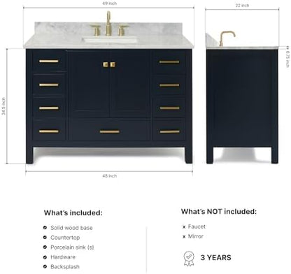 ARIEL Cambridge 48-inch Bathroom Vanity with Sink,Solid Wood, 0.75-inch Italian Carrara Marble Countertop, Single Rectangular Porcelain Sink, 2 Soft Closing Doors, 9 Dovetail Drawers, Midnight Blue