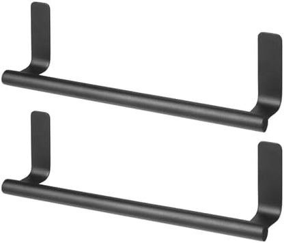 mDesign Steel Wall-Mounted Towel Rack Storage Holder - Self-Adhesive Space Saving Towel Bar for Bathroom, Kitchen - Holds Hand Towels - Stick on Doors or Cabinet - Omni Collection - 2 Pack - Black