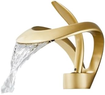 Creative Single Hole Kitchen Faucet, Frosted Gold Bathroom Sink Tap, Hot & Cold Water Mixer, All-Copper Waterfall Style Faucet for Vanity Cabinet