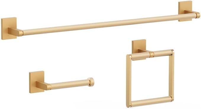 Bathroom Hardware Set 3 Piece Brushed Nickel/Brushed Gold Bathroom Accessories Set Including 24" Hand Towel Bars, Toilet Paper Holders, Towel Rings(3pcs, Brushed Gold)