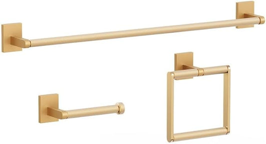 Bathroom Hardware Set 3 Piece Brushed Nickel/Brushed Gold Bathroom Accessories Set Including 24" Hand Towel Bars, Toilet Paper Holders, Towel Rings(3pcs, Brushed Gold)