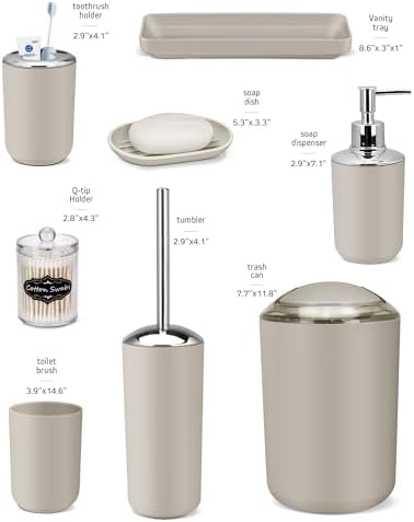 IMAVO Bathroom Accessories Set,Beige Bathroom Set,9 Pieces Bathroom Accessory Set,Tray,Qtip Holders,Toilet Brush,Trash Can for Bathroom Décor and Home Gifts