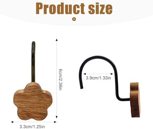 Shower Curtain Hooks, Wood Decorative Shower Curtain Rings, Modern Round Log Shower Curtain Hangers, 12PCS Shower Hooks for Shower Curtain Rod, Bedroom, Living Room (Flower-Black)