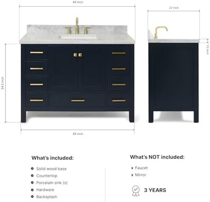 ARIEL Cambridge 48-inch Bathroom Vanity with Sink,Solid Wood, 1.5-inch Italian Carrara Marble Countertop, Single Rectangular Porcelain Sink, 2 Soft Closing Doors, 9 Dovetail Drawers, Midnight Blue