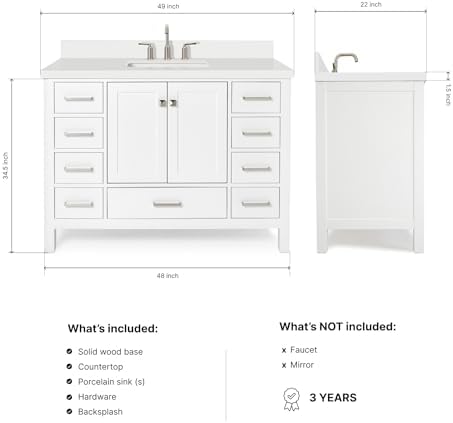 ARIEL Cambridge 48-inch Bathroom Vanity with Sink,Solid Wood, 1.5-inch Pure White Quartz Countertop & Backsplash, Single Rectangular Porcelain Sink, 2 Soft Closing Doors, 9 Dovetail Drawers, White