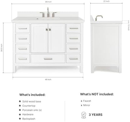 ARIEL Cambridge 48-inch Bathroom Vanity with Sink,Solid Wood, 1.5-inch Pure White Quartz Countertop & Backsplash, Single Rectangular Porcelain Sink, 2 Soft Closing Doors, 9 Dovetail Drawers, White