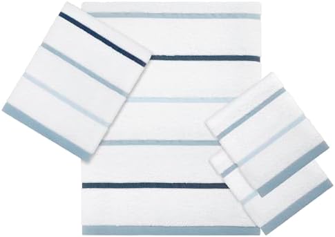 IZOD – Towel Set, Plush Ringspun Cotton Blend Bath Towel, Hand Towel & Washcloths, Striped Design, Set of 4 (Sandbar Blue)